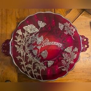 Vintage Viking Glass Ruvy Red Cake Plate Floral Sterling Silver Overlay